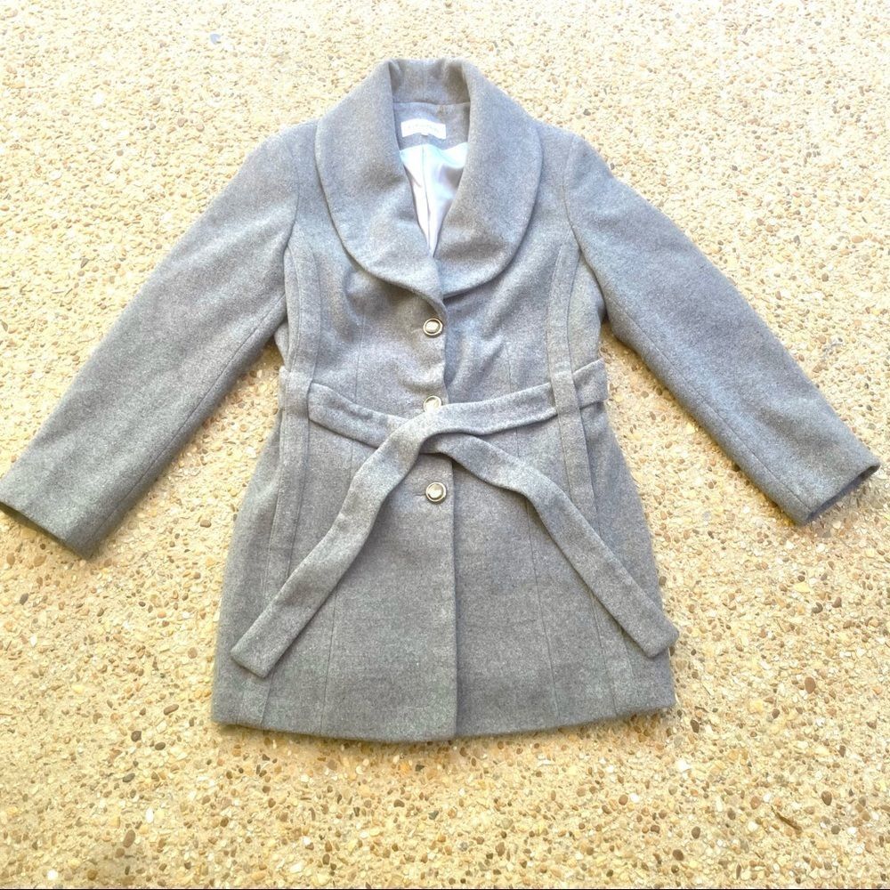 Calvin Klein Gray Wool Blend Belted Trench Coat Size 14